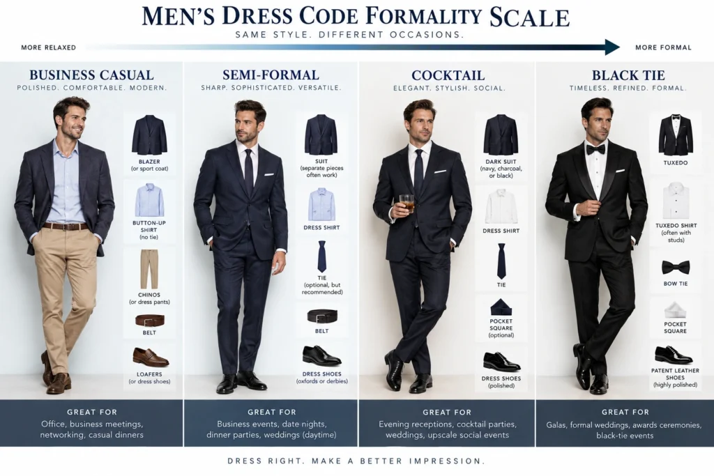 cocktail wedding attire formality scale for men