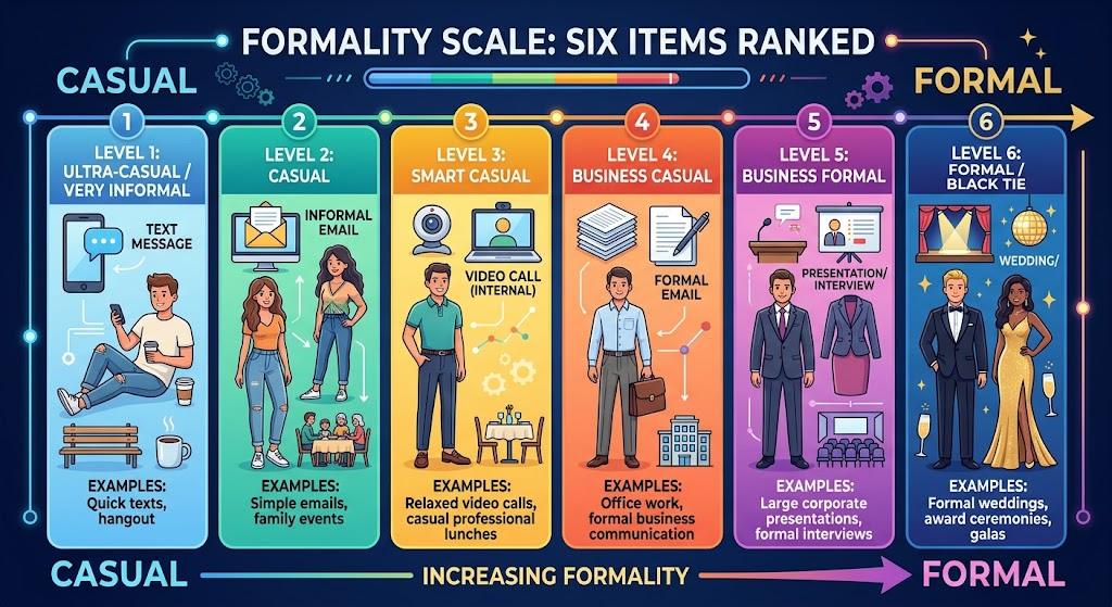 Business casual suit men formality scale from t-shirt to full suit