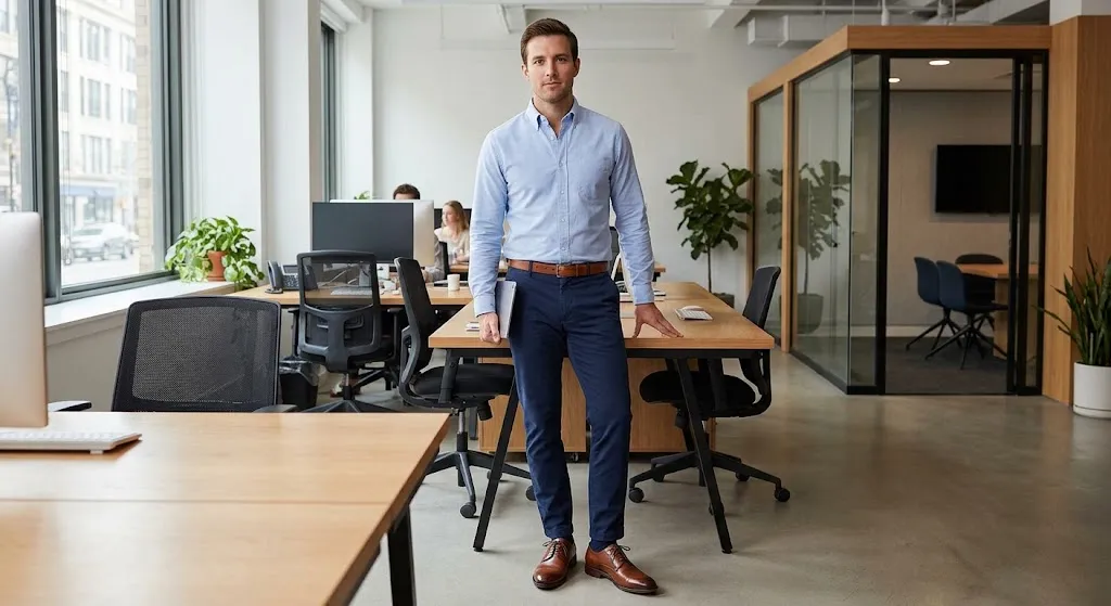 Business casual capsule wardrobe men outfit with oxford shirt and chinos