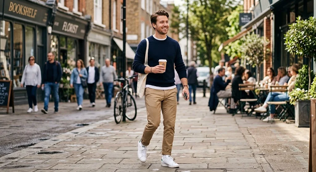 Casual brown pants outfit with navy jumper and tan chinos