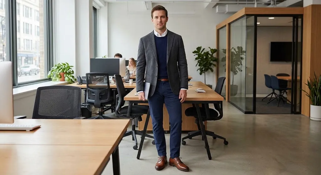 Capsule wardrobe men layering outfit with merino jumper over oxford shirt