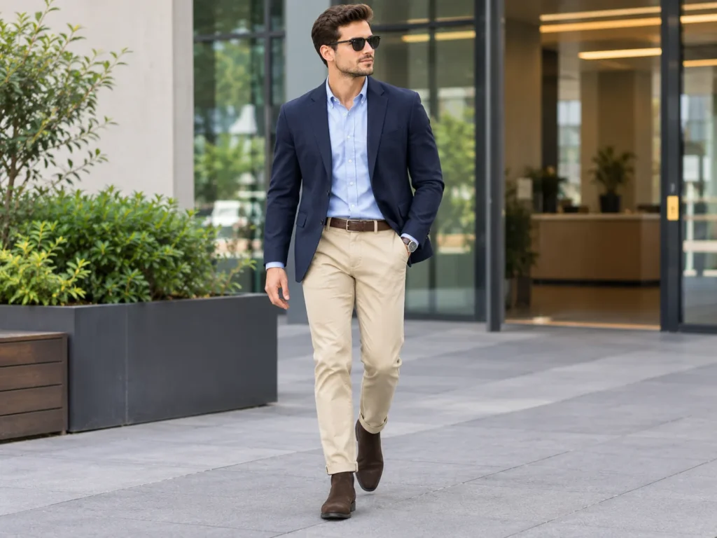 business casual outfit for men with oxford shirt and blazer