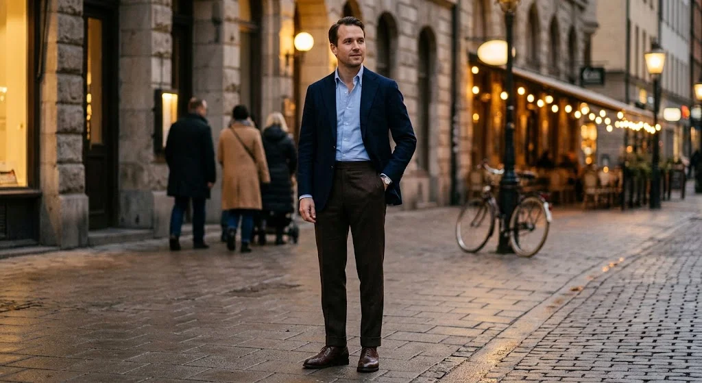 Dressed-up brown pants outfit with navy blazer and brogues