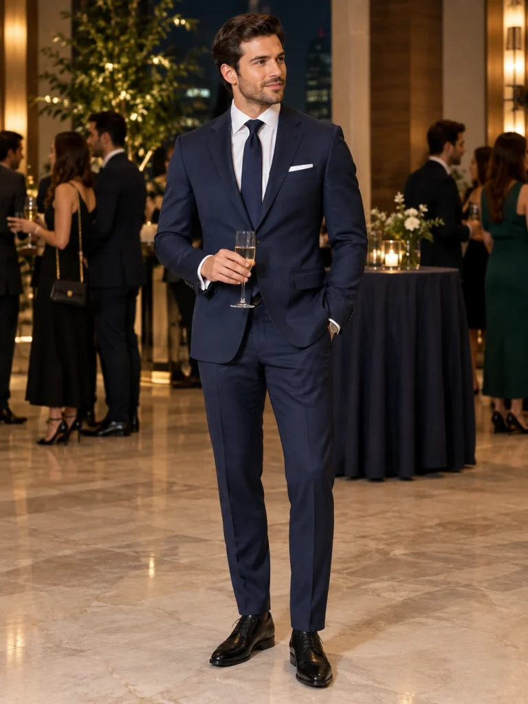 navy suit cocktail wedding attire evening outfit