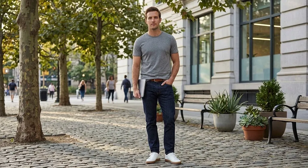 Casual capsule wardrobe men weekend outfit with jeans and trainers