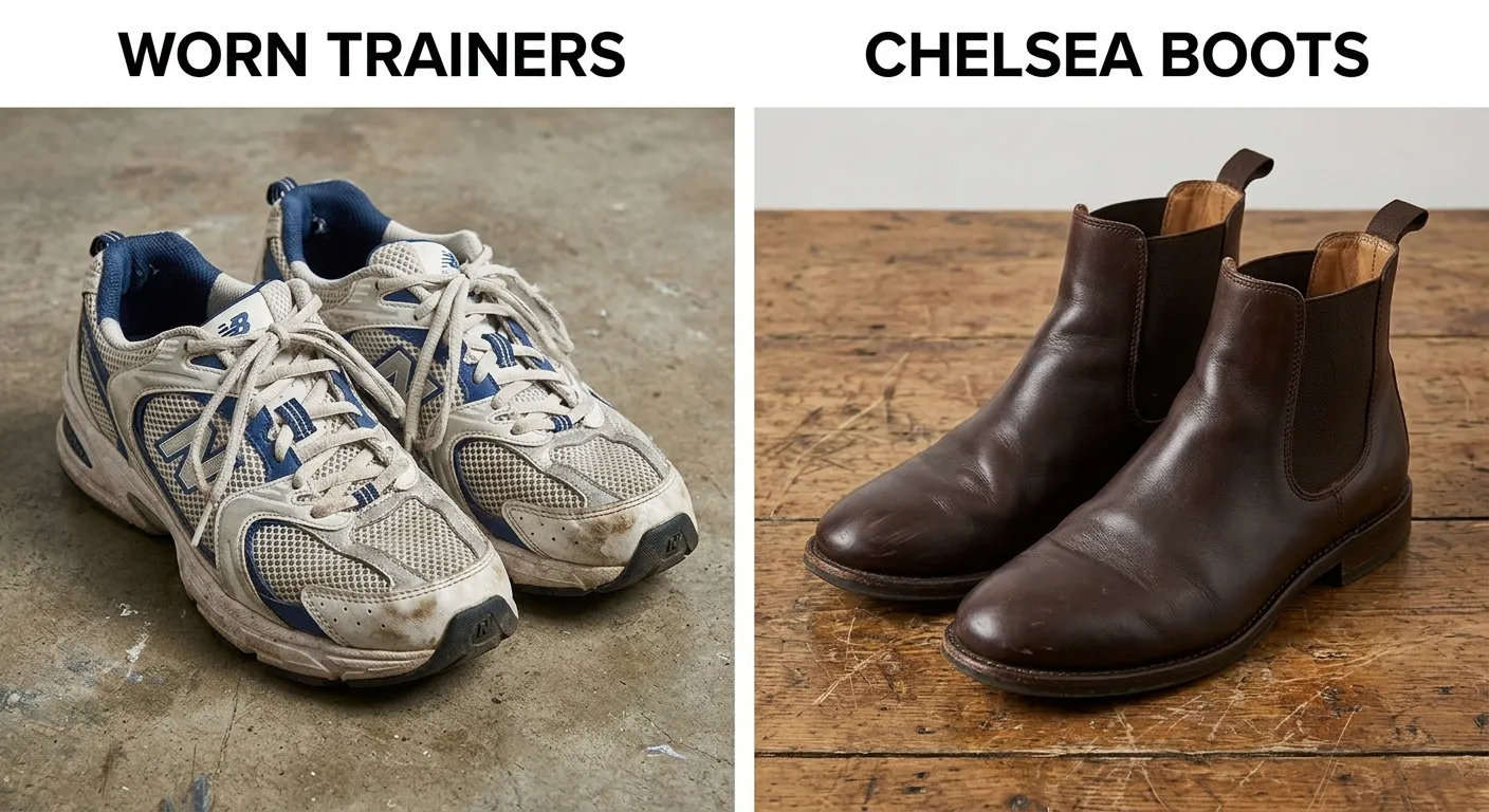 style swap from worn trainers to Chelsea boots for men