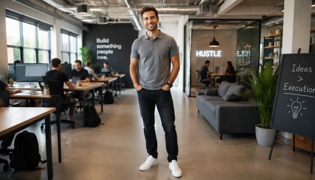 Casual men's business casual outfit with jeans and trainers