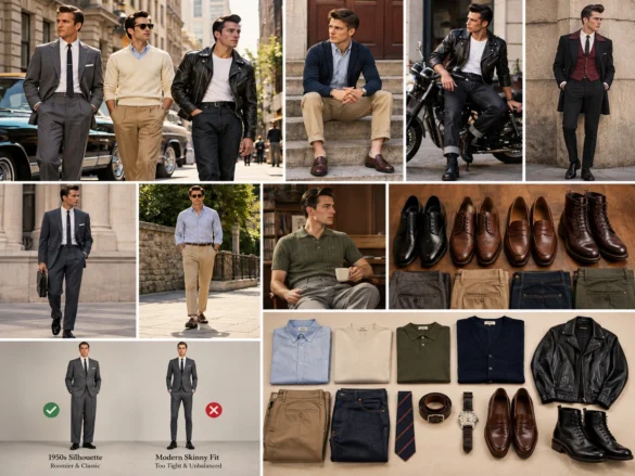 1950s mens style collage showing tailored suits, Ivy League outfits, greaser looks, shoes and classic wardrobe pieces