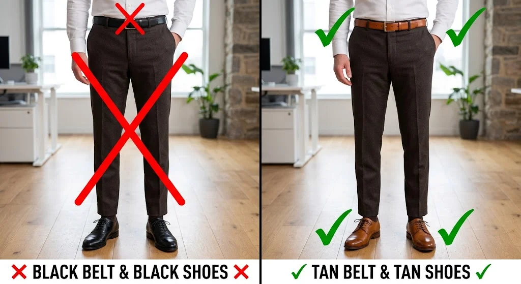 Brown pants outfit mistake: black belt vs tan belt
