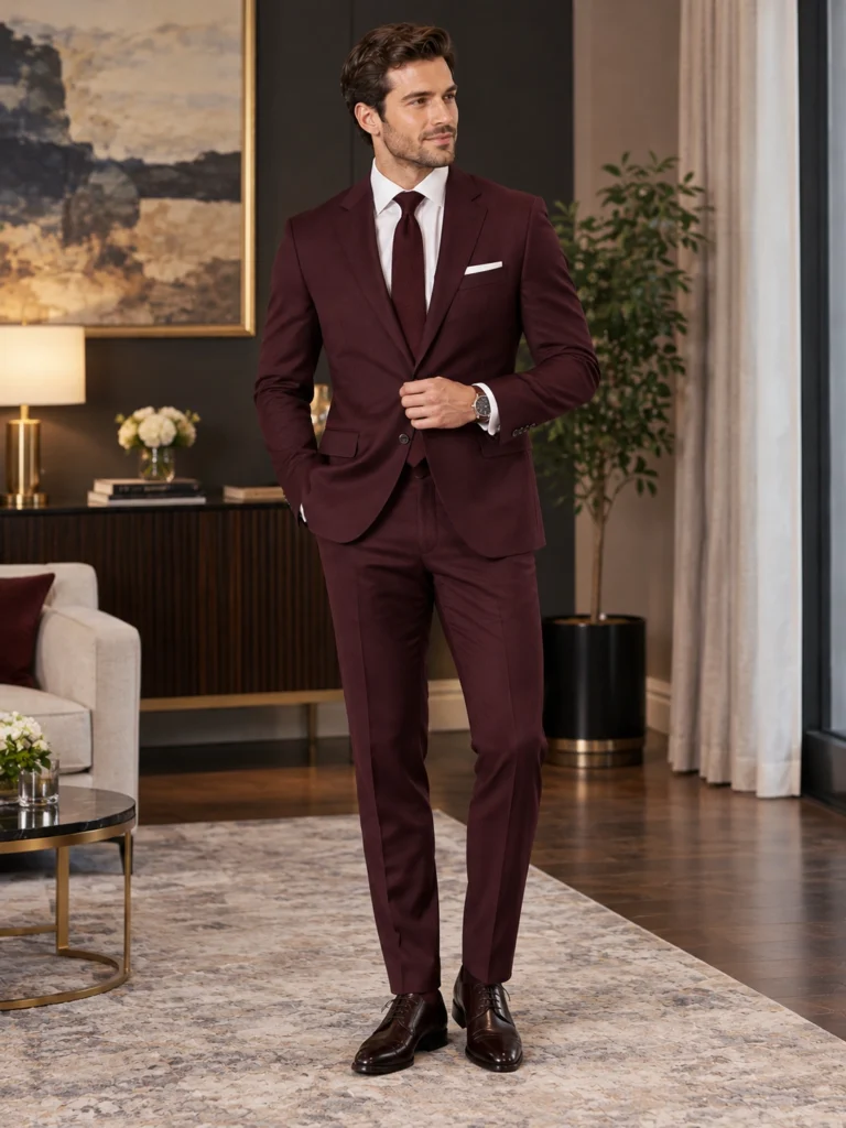 burgundy suit cocktail wedding attire jewel tone