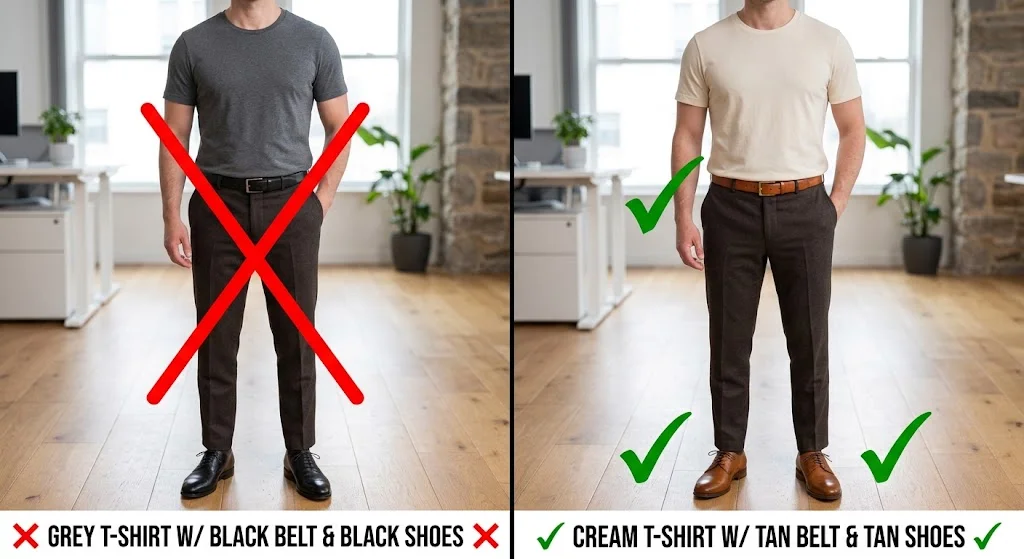 Brown pants outfit colour mistake: grey vs cream top
