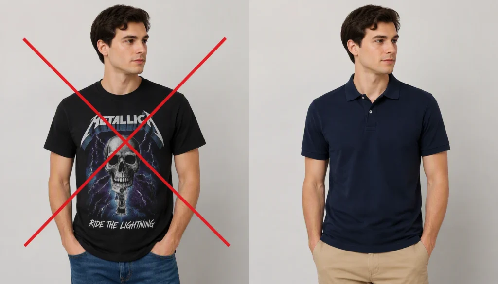 Style swap for men's business casual outfits: t-shirt vs polo