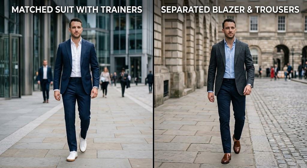 Business casual suit men mistake versus better outfit choice