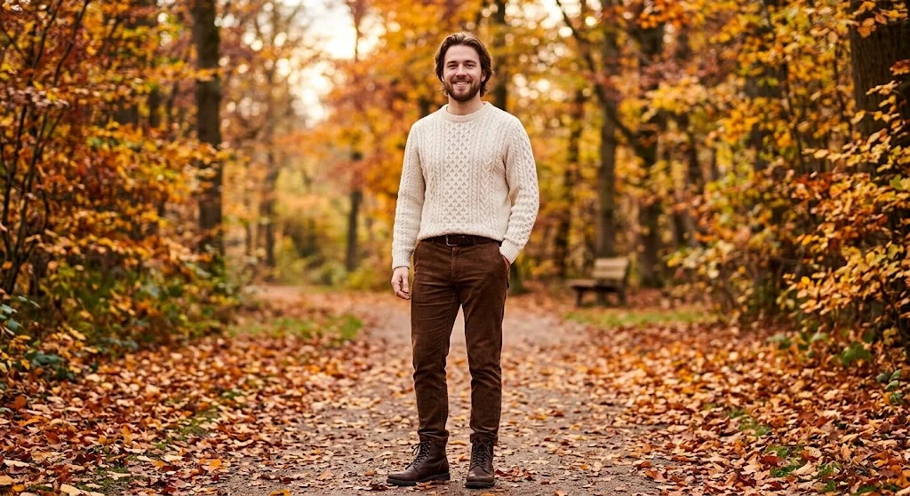 Winter brown pants outfit with corduroy trousers