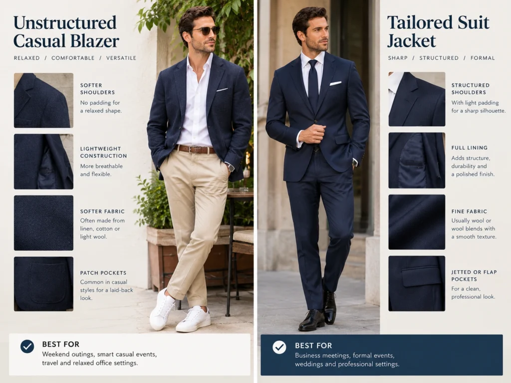unstructured blazer vs tailored suit cocktail attire swap