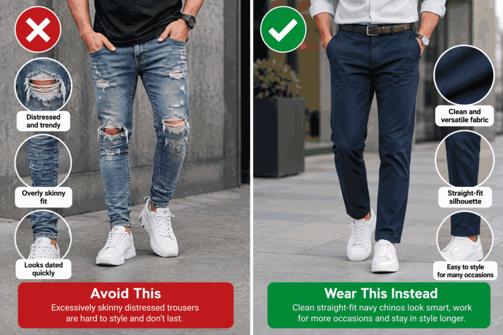 fast fashion trousers compared with straight fit chinos