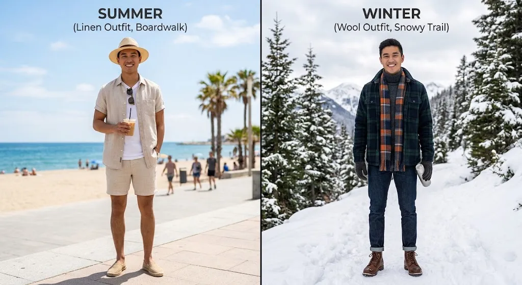 summer and winter casual outfits for men compared