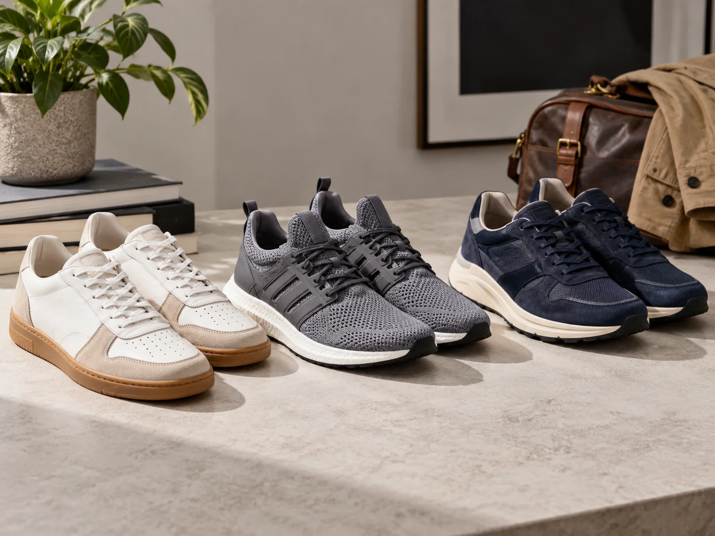 Three pairs of men's athletic lifestyle trainers showing clean leather, knit and suede walking styles