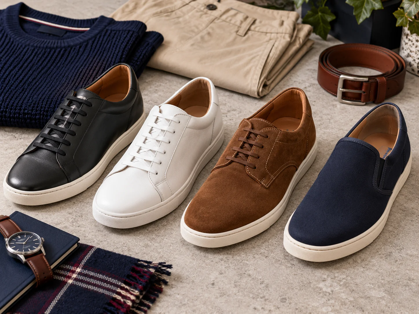 Black white brown and navy men's casual shoes compared in a clean editorial flat lay