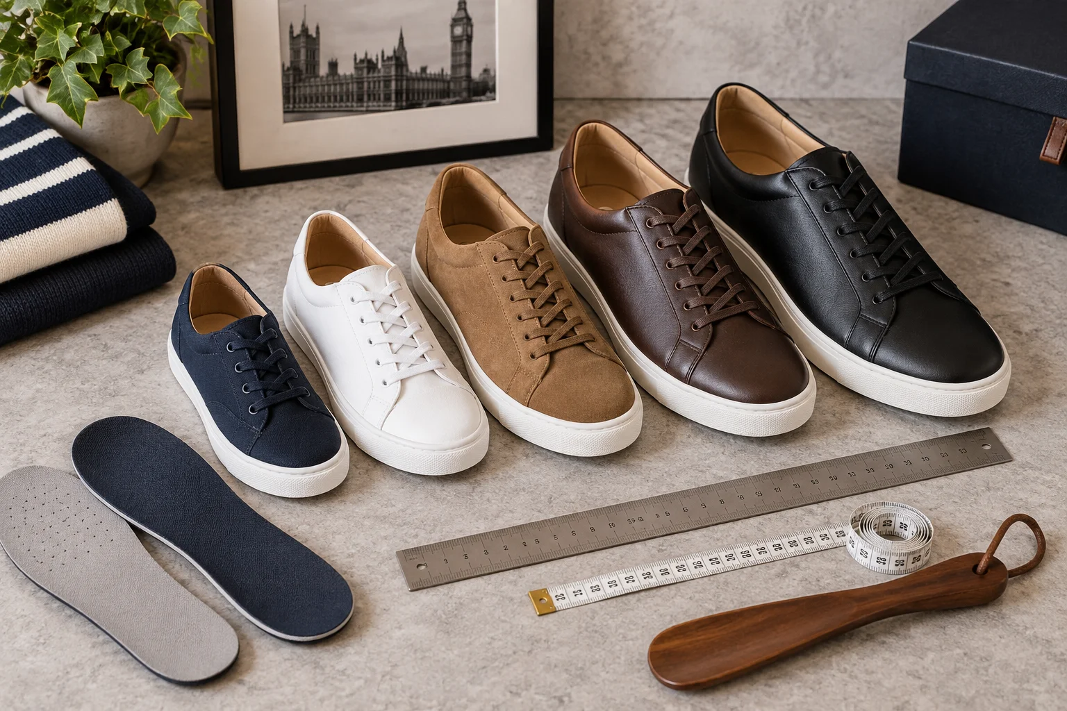 Men's casual shoes with measuring tape, shoehorn and insoles for footwear fit and sizing guidance