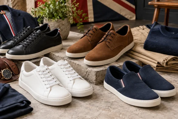 Editorial collection of men's casual shoes inspired by Ben Sherman styling, including white trainers, navy slip-ons, brown suede shoes and black sneakers
