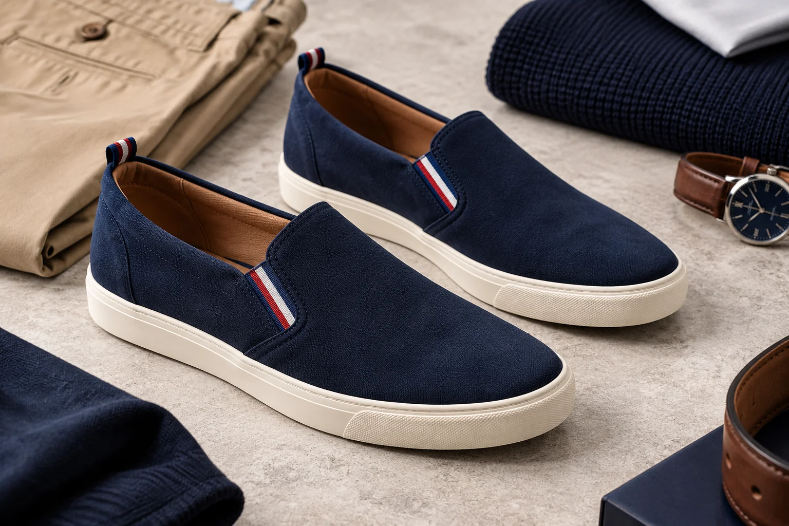 Navy slip-on casual shoes with cream rubber soles and subtle striped accents