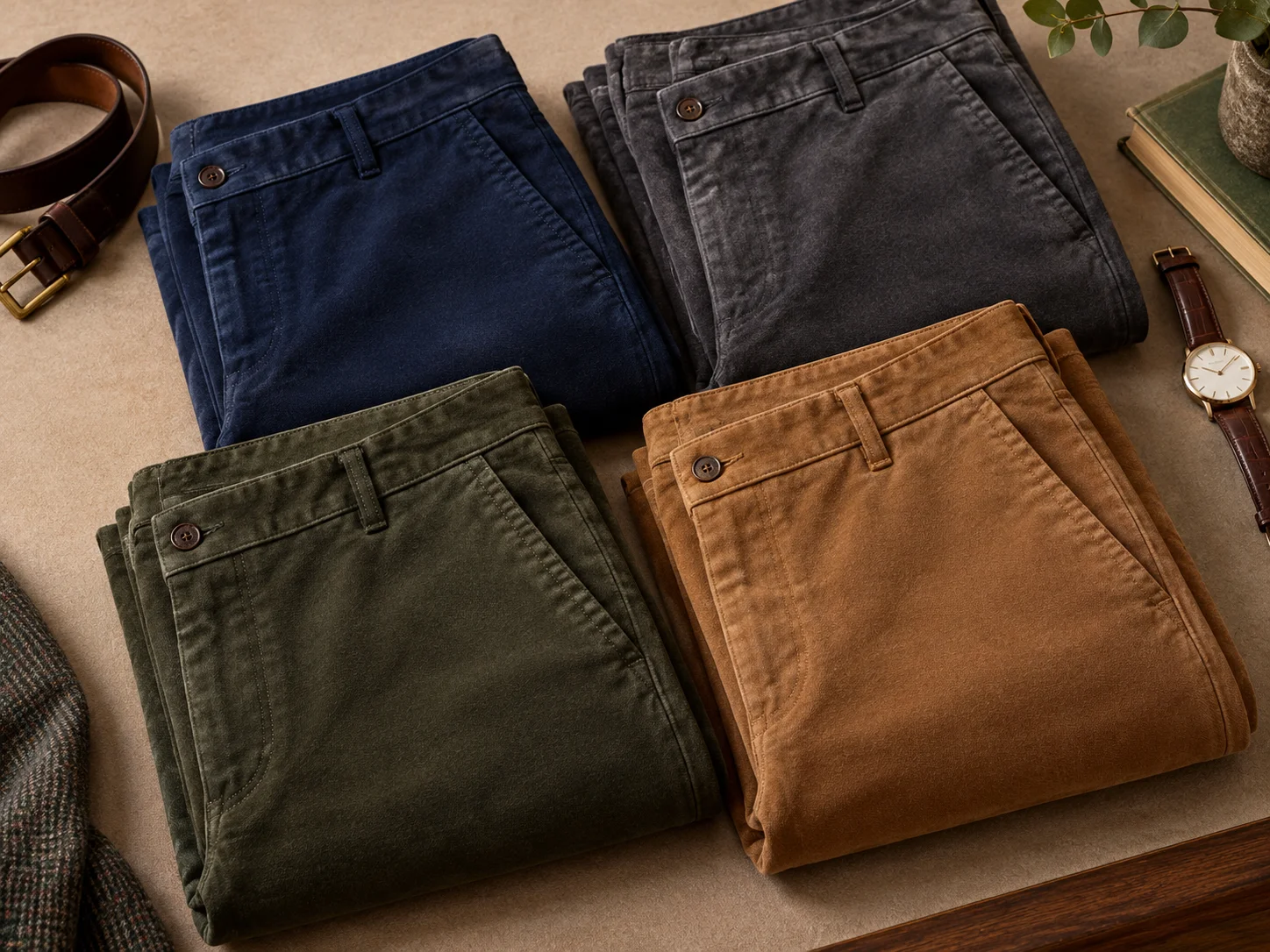 Flat lay of navy, charcoal, olive and camel moleskin trousers with classic menswear accessories