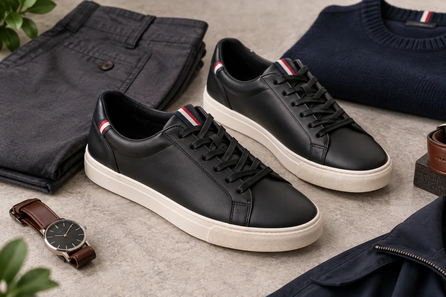 Black low-top casual shoes with cream soles and subtle red white and navy accents