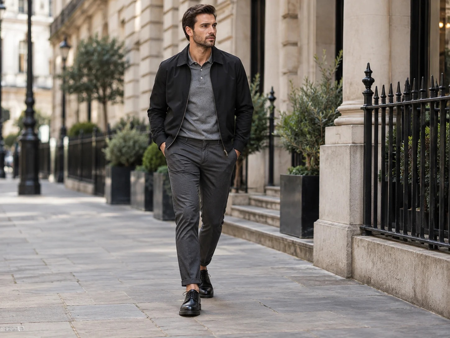 Man wearing black casual leather shoes with charcoal trousers and a dark jacket