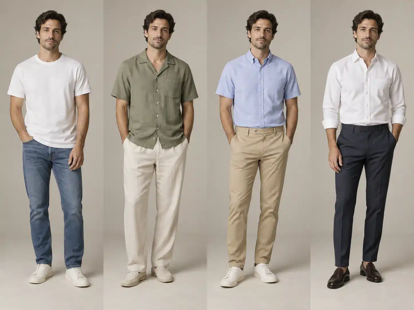 Man wearing a black men's short sleeve shirt with stone trousers and loafers at a smart casual dinner
