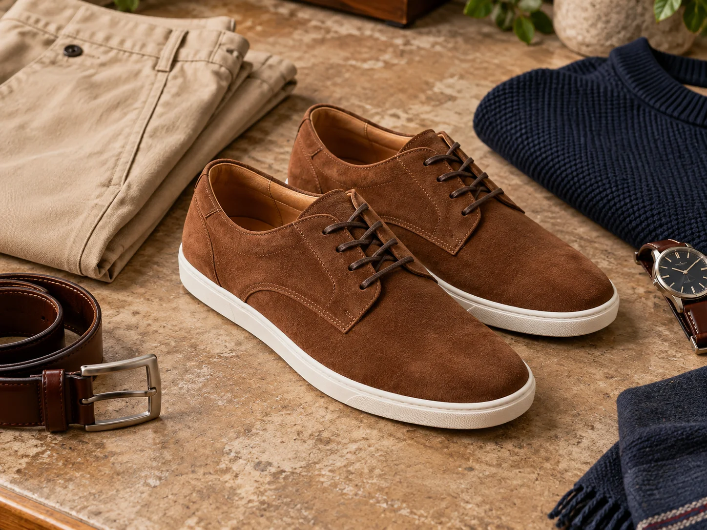 Brown suede lace-up casual shoes styled with khaki trousers and navy knitwear