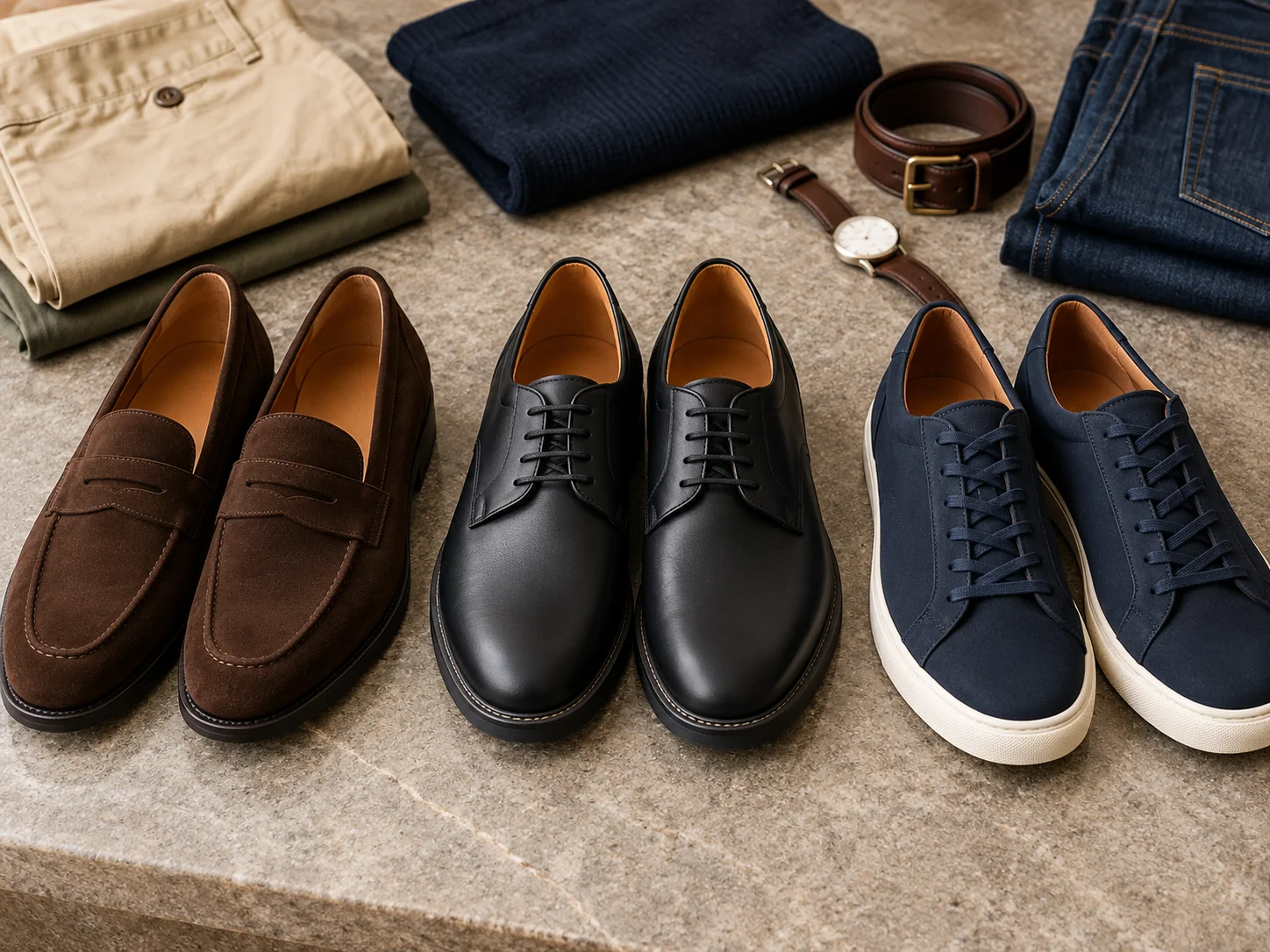 Brown suede loafers, black leather casual shoes and navy sneakers compared for men's outfits