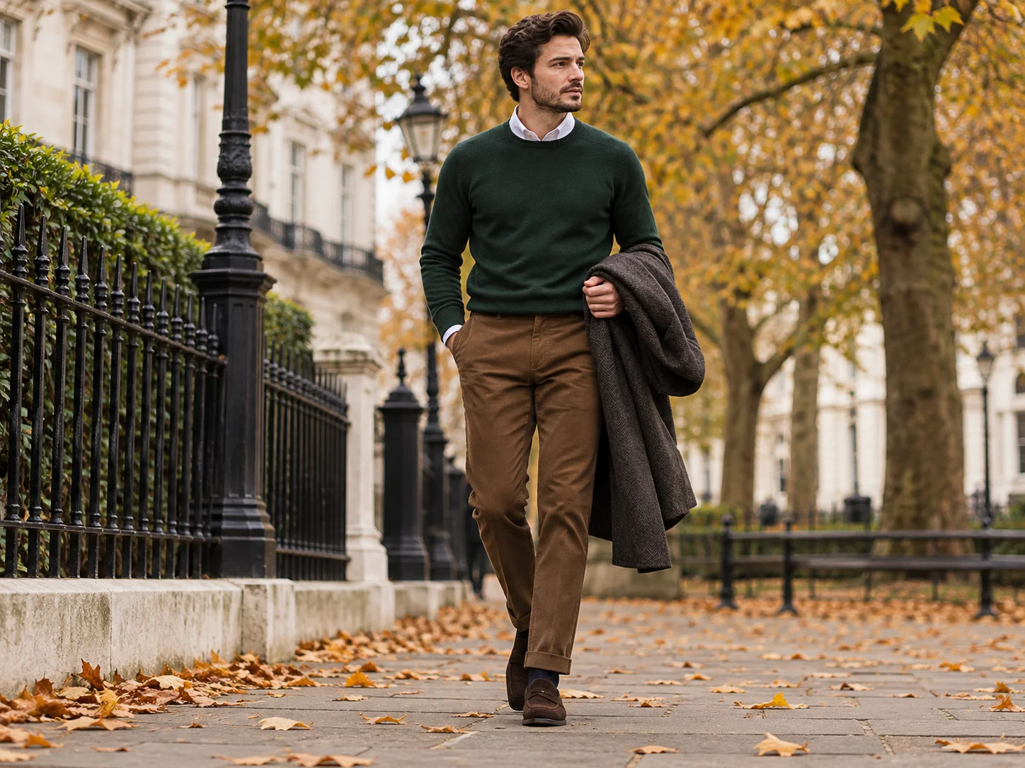Man wearing brown moleskin trousers with a forest green sweater and dark suede loafers in autumn