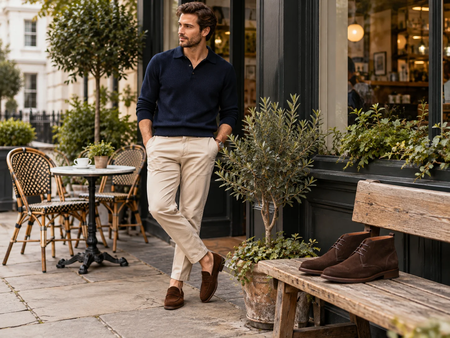 Man wearing brown suede loafers with beige chinos and a navy knit polo