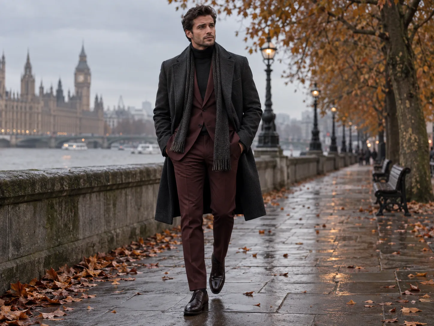 dark burgundy suit autumn winter outfit