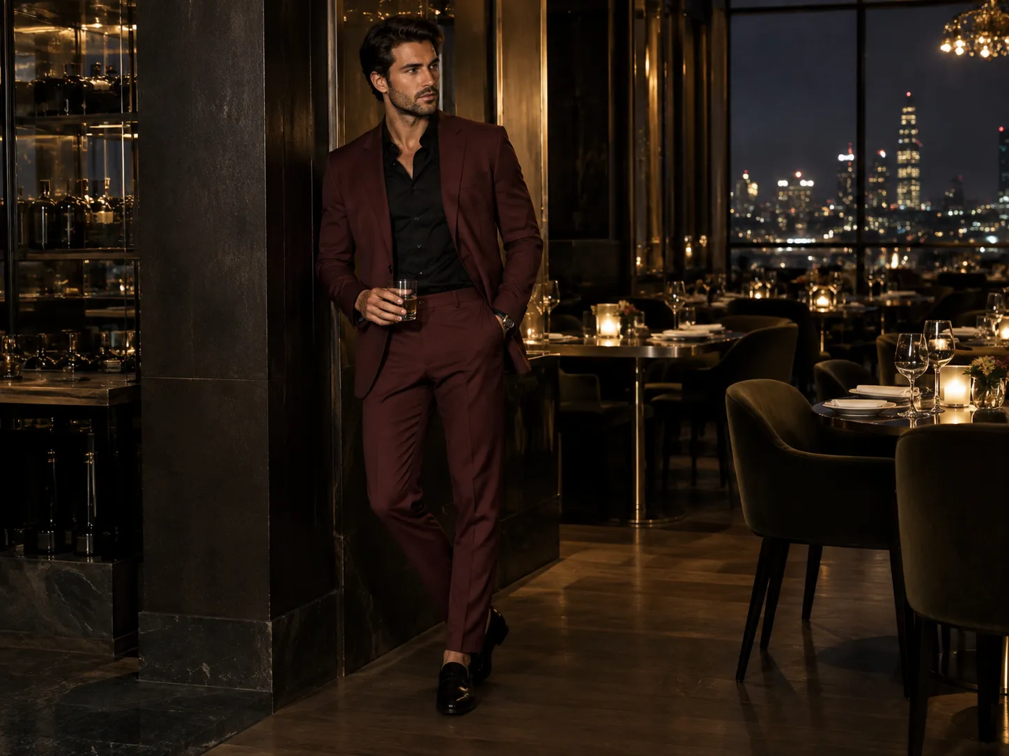 burgundy suit with black shirt date night outfit