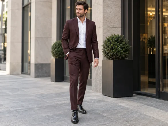 burgundy suit mens outfit with white shirt and black shoes