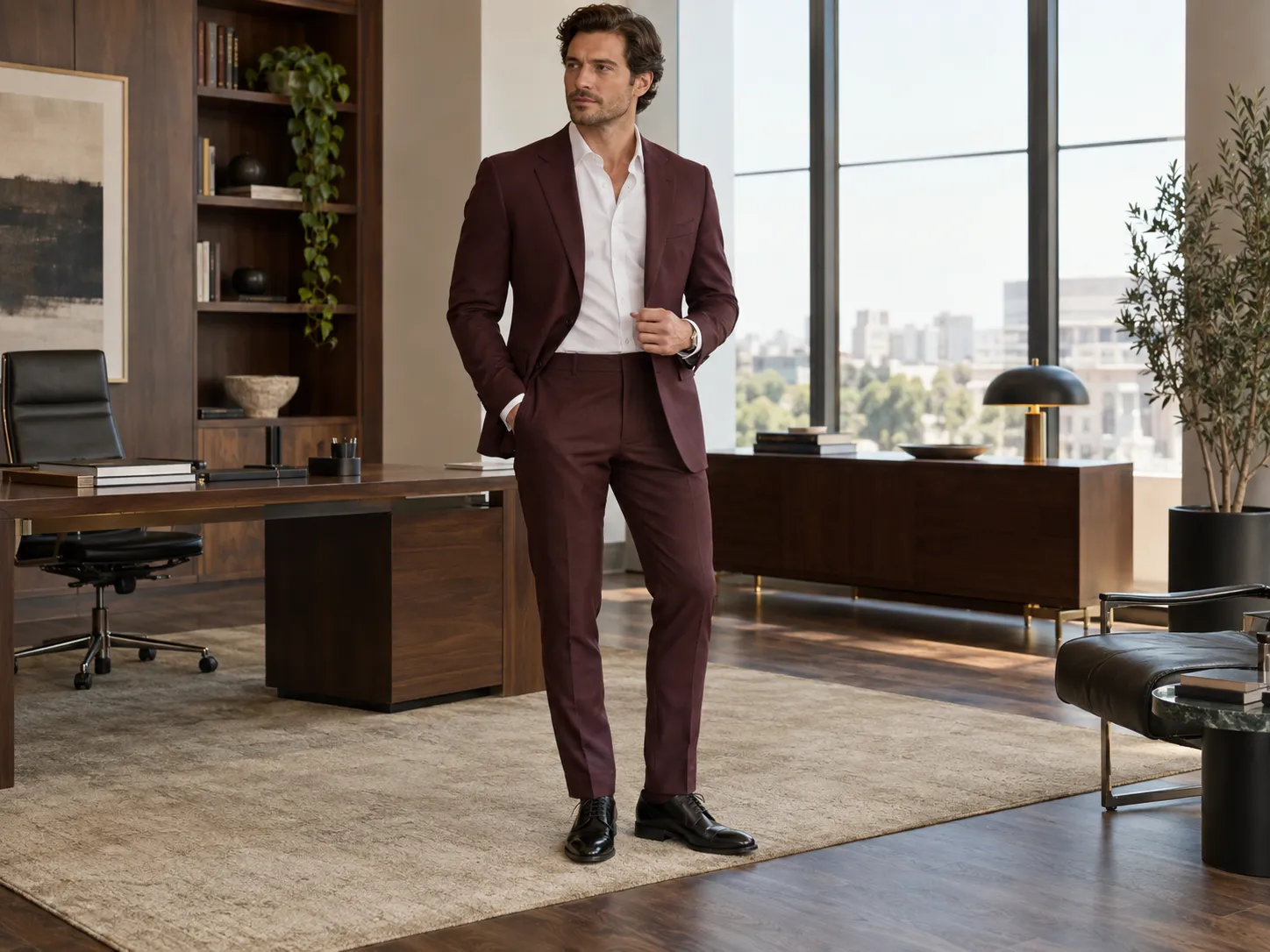 mens burgundy suit professional office outfit