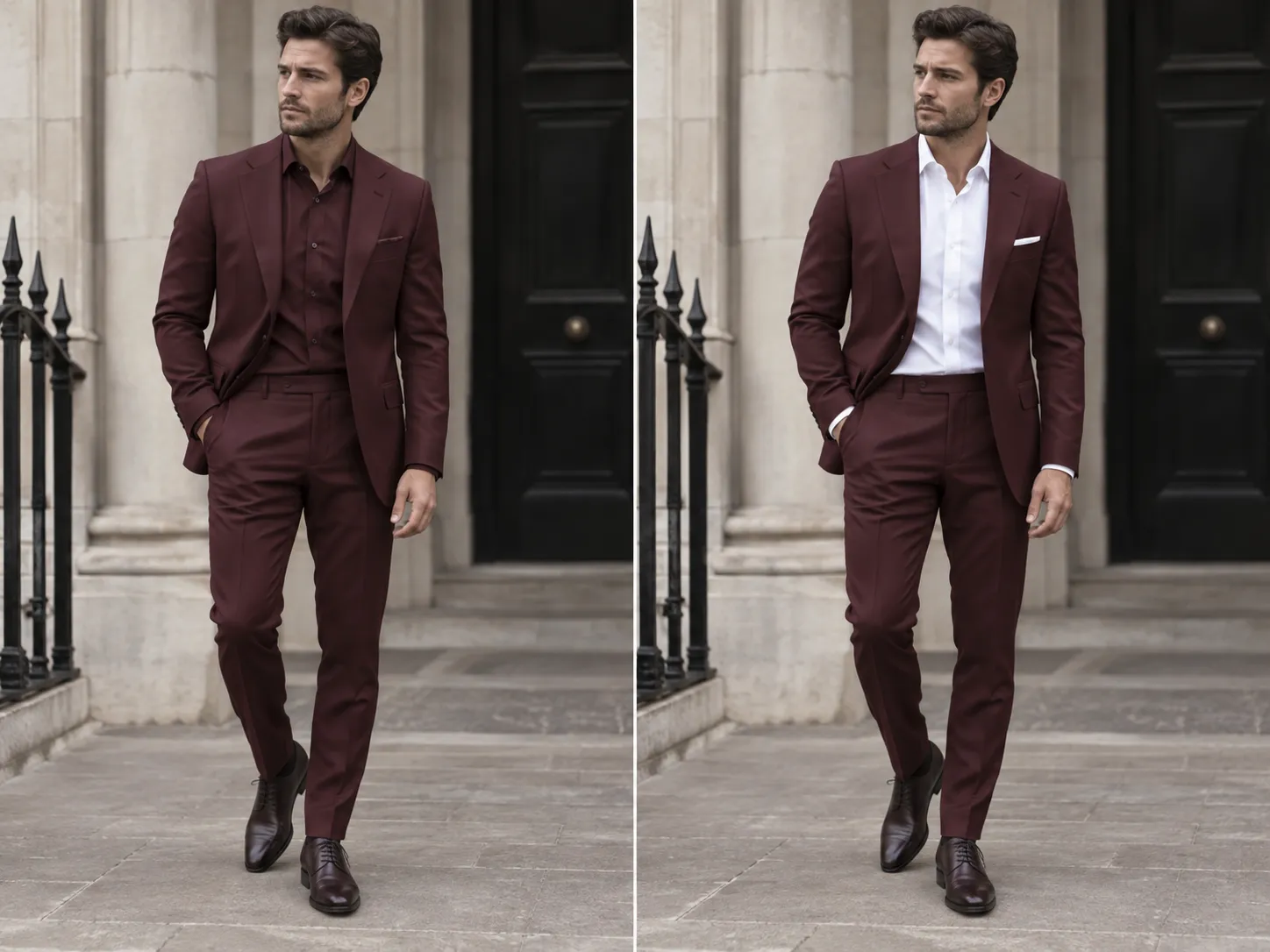 burgundy suit style mistake versus white shirt