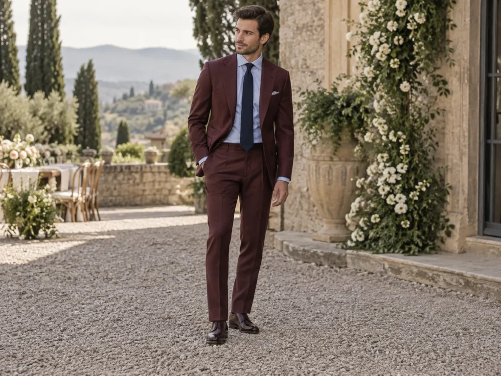 burgundy suit wedding with blue shirt and navy tie