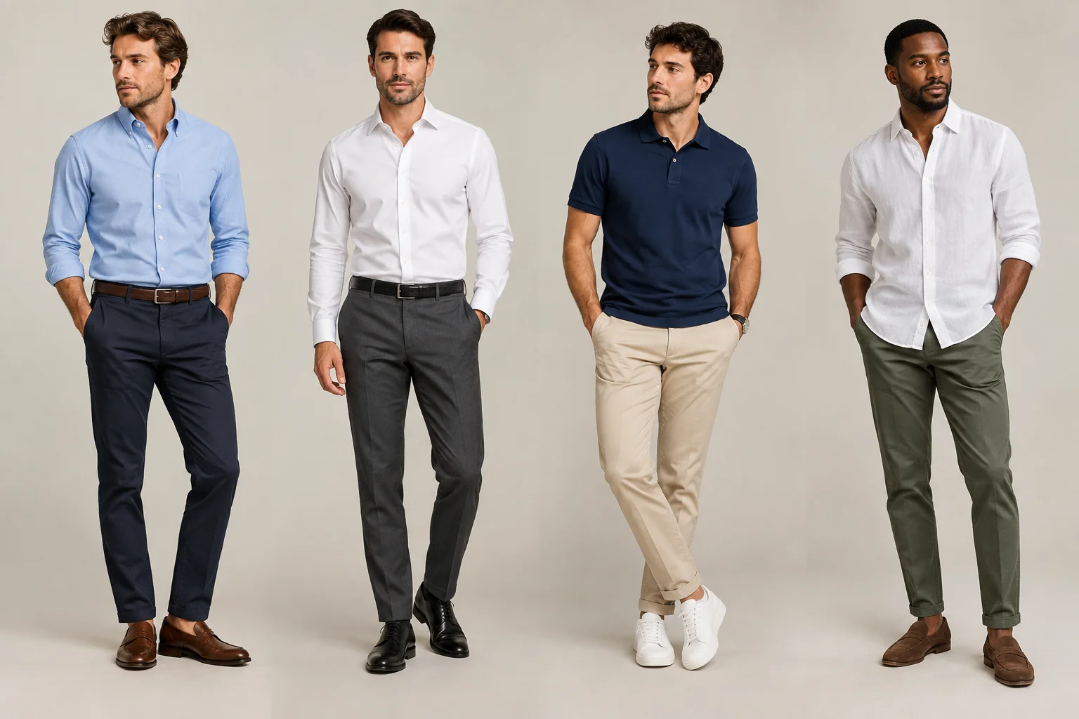 Four men wearing Oxford, dress, polo and linen shirts for different business casual settings
