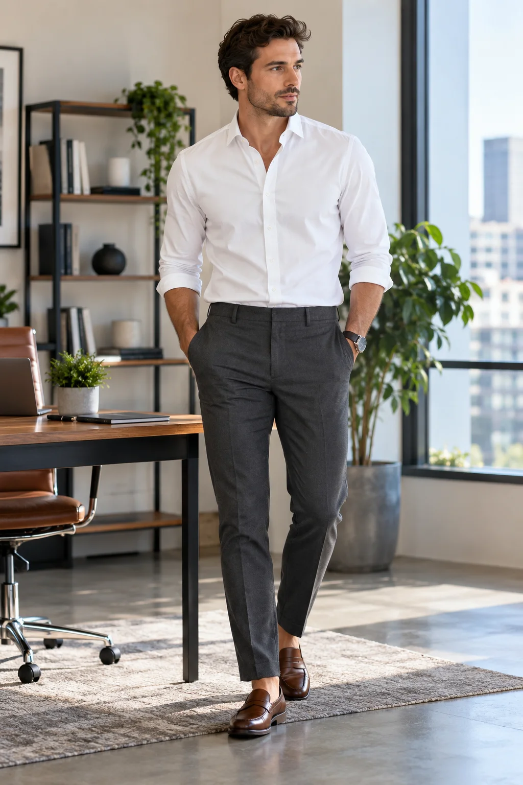 Man wearing a white dress shirt with charcoal trousers and brown loafers in a modern office