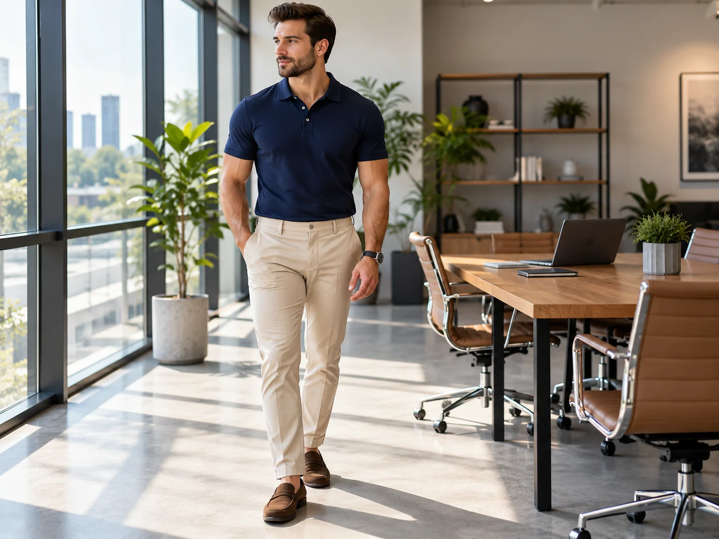 Man wearing a navy polo with beige chinos and brown loafers in a modern office