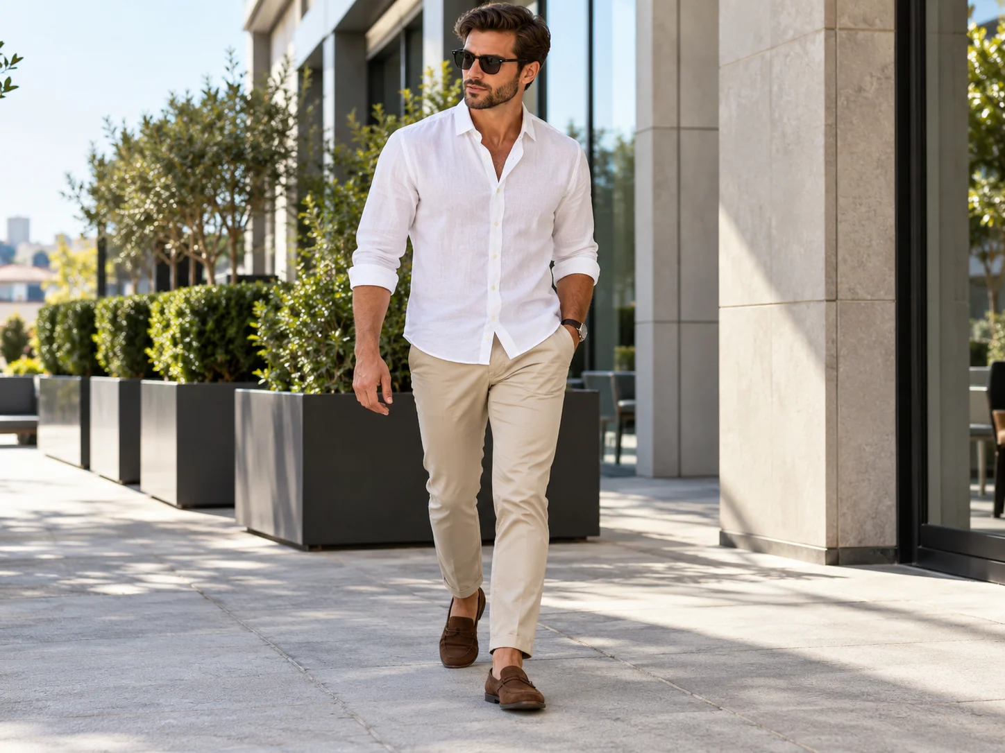 Man wearing a white linen shirt with beige chinos and brown loafers in a warm-weather business casual outfit