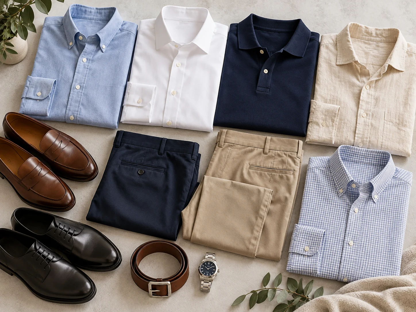 Flat lay of Oxford, dress, polo and linen shirts with chinos, leather shoes, belt and watch