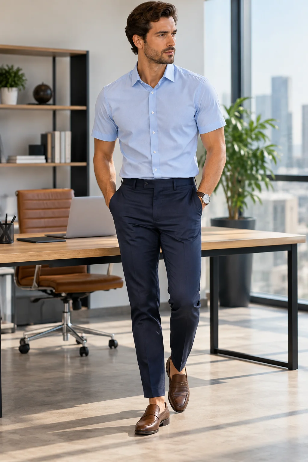 Man wearing a light blue short sleeve button-up shirt with navy trousers and brown loafers