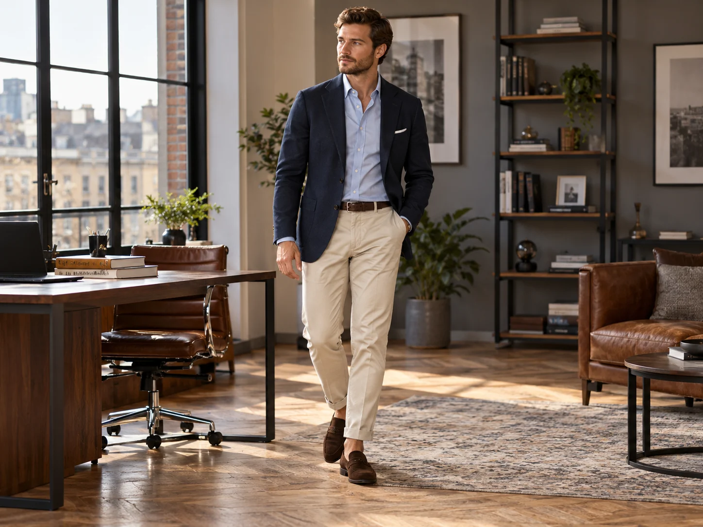 Man wearing brown loafers with chinos, blue shirt and navy blazer in a modern office