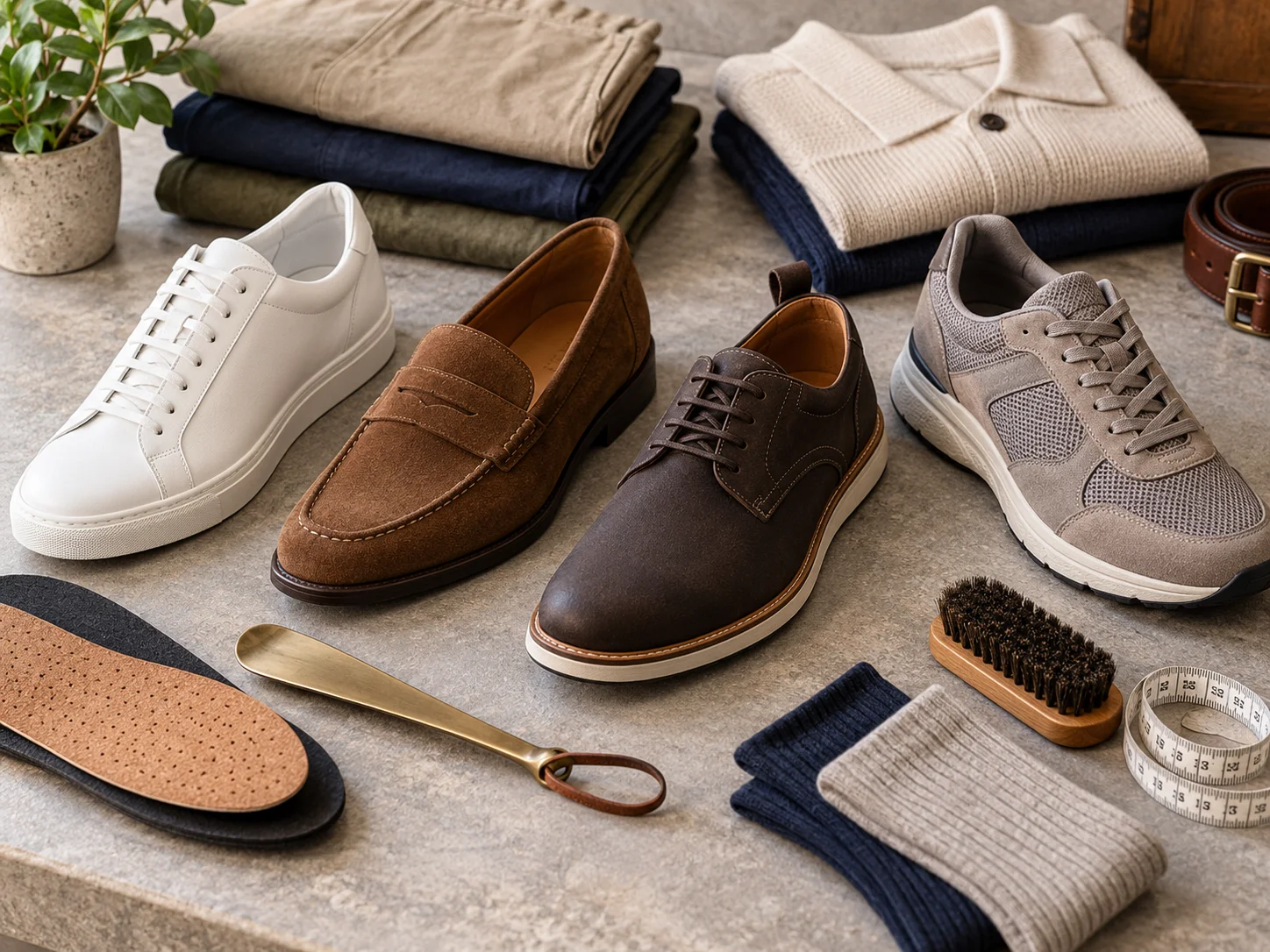 Men's casual shoes with insoles, shoehorn, socks, brush and measuring tape for fit and comfort guidance