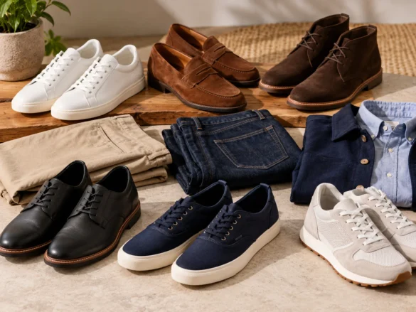 Men's casual shoe capsule with clean sneakers, loafers, chukka boots, black casual shoes and summer styles