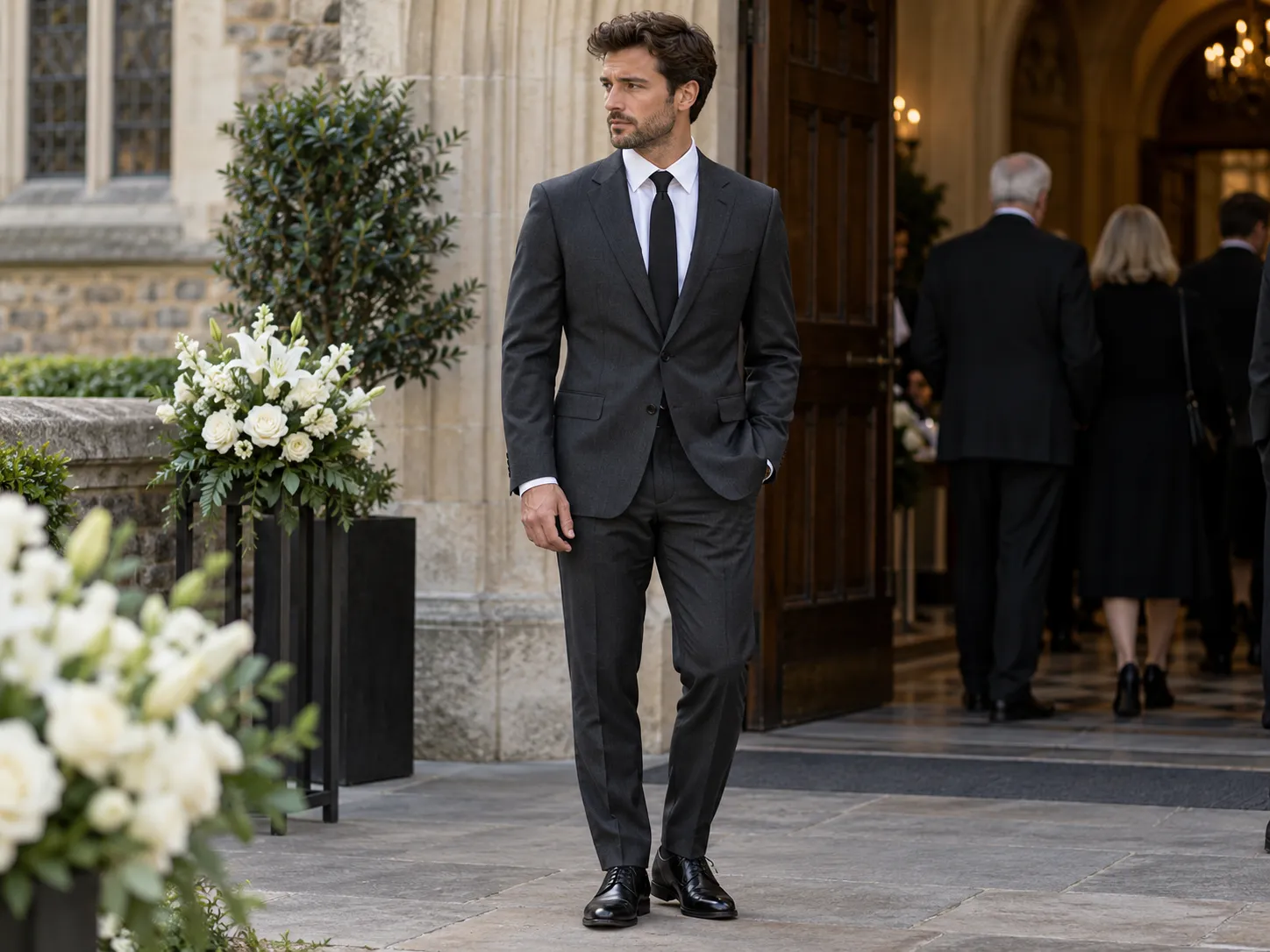 Man wearing a charcoal grey suit white shirt black tie and black shoes at a funeral
